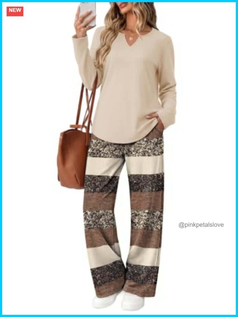 Womens 2 Piece Lounge Set Long Sleeve V-Neck Top Wide Leg Pants